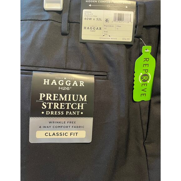 NWT Haggar H26 Men’s Stretch Dress Pants Black size 40x32 midweight relaxed leg - Picture 6 of 9